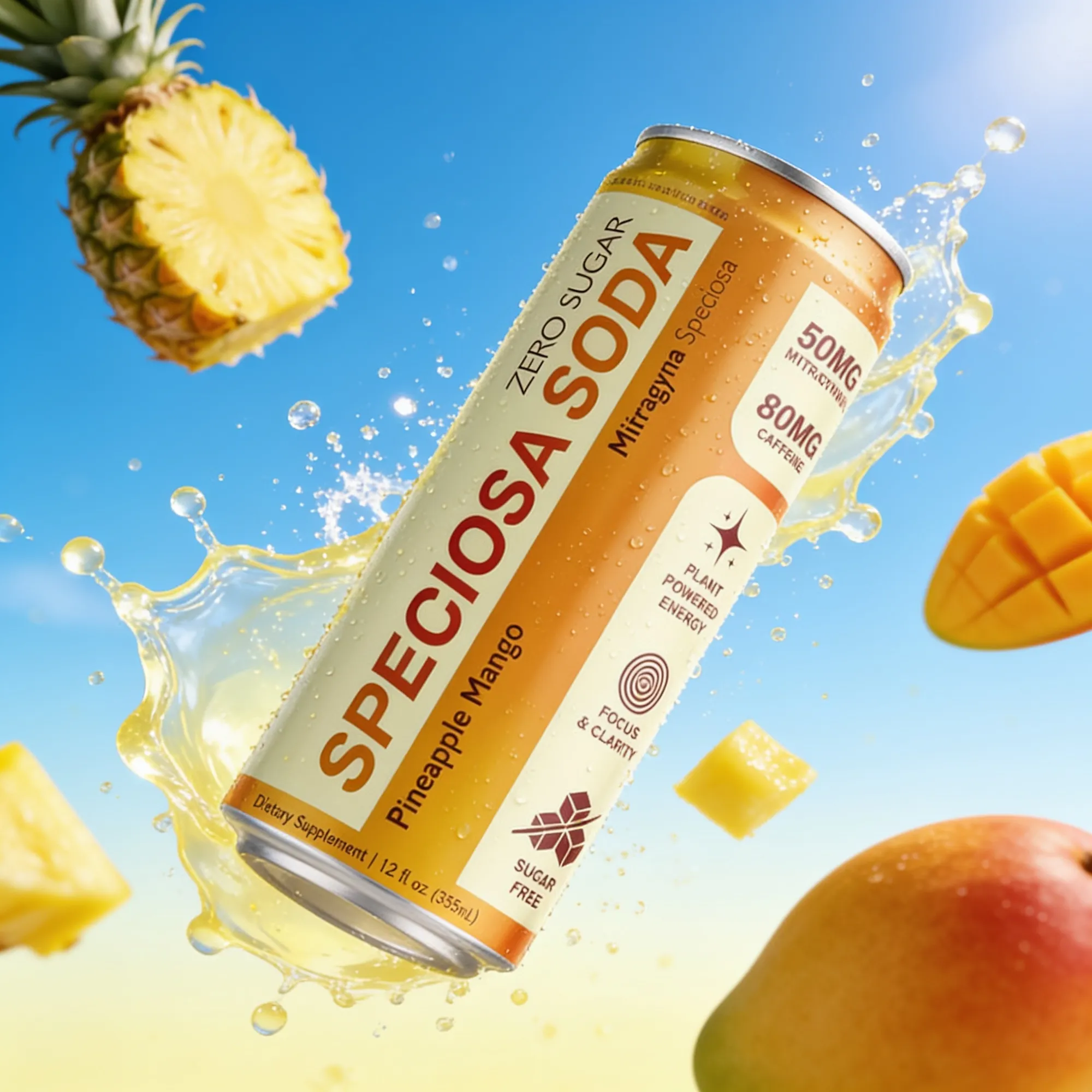 Speciosa Soda Pineapple Mango can splashing through the sky with pineapple and mango
